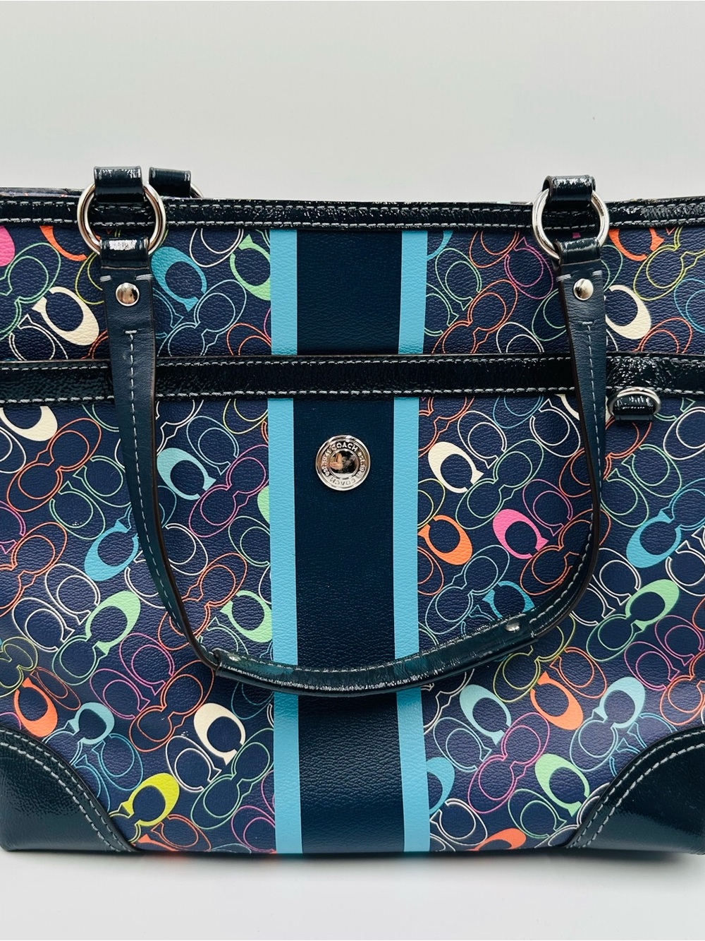 Coach Multicolor Signature Stripe Tote - Navy with Bright Accents